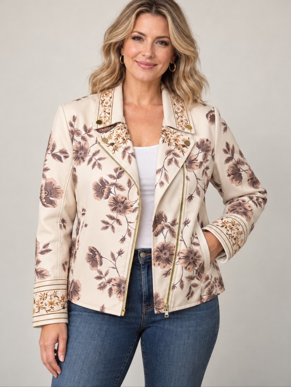 Colleen Lopez Floral Faux Leather Embroidered Moto Jacket XL A317